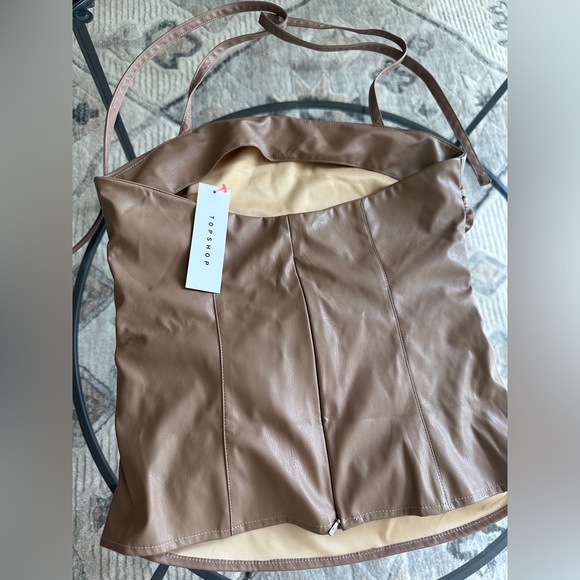 Topshop halter ruched leather look top in camel - Picture 6 of 10